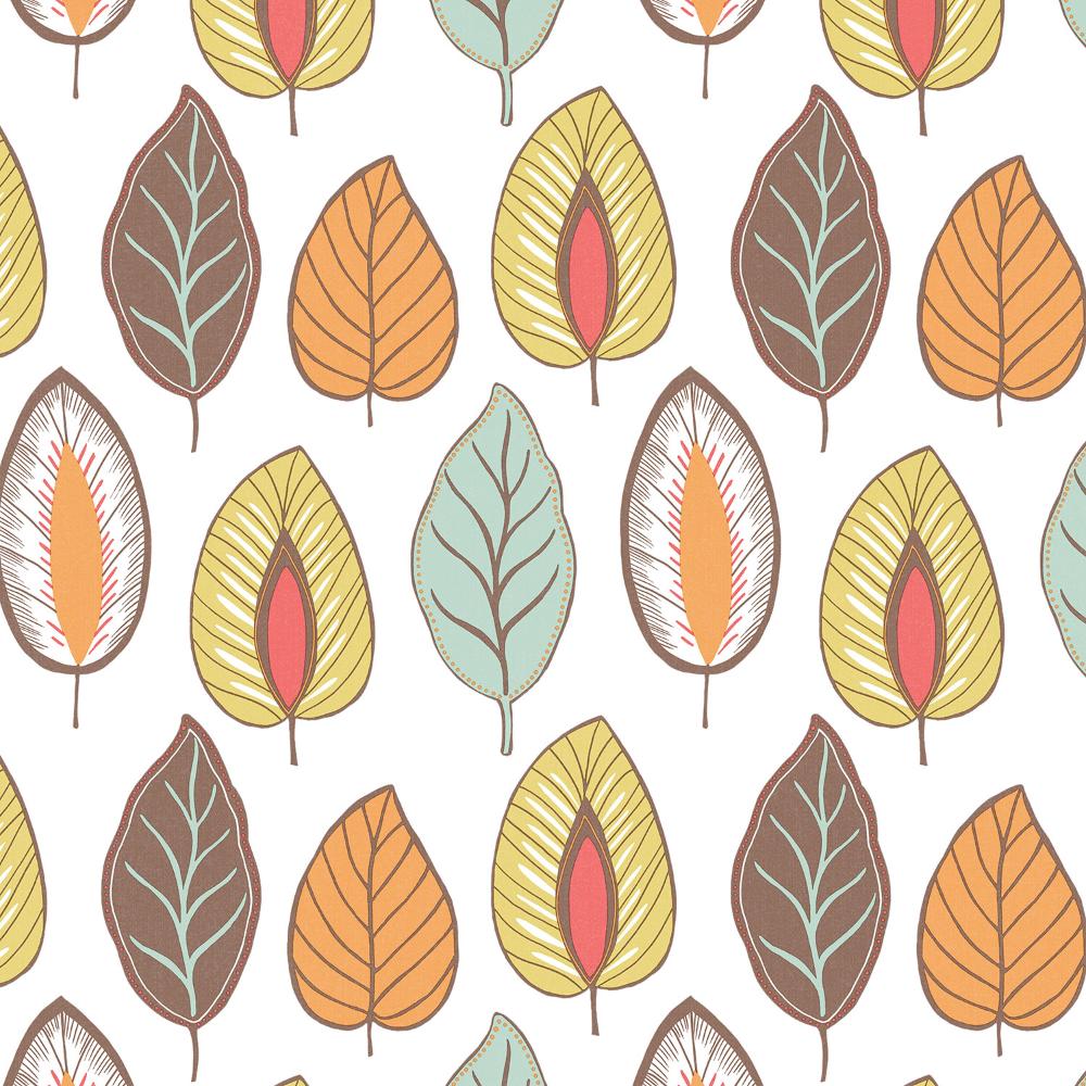 Patton Wallcoverings JJ38011 Rewind Chic Leaf In Duck Egg, Lime And Orange Wallpaper